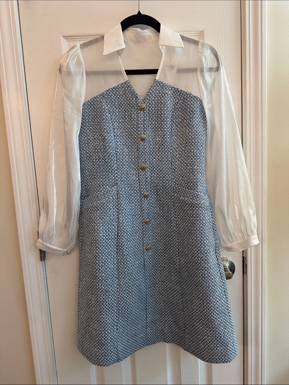 GOELIA Tweed Collared Mini Dress Sheer Sleeves Size XS NWT